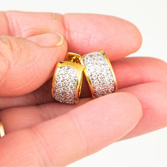 Quiet luxury huggie hoop gold tone earrings pave CZ minimalist by Brilliante - Picture 13 of 16